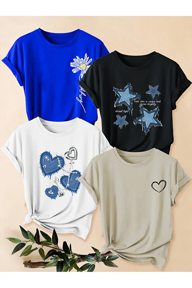 Unisex Karışık Baskılı Tişört Seti – 4'lü Paket Bisiklet Yaka Günlük T-Shirt